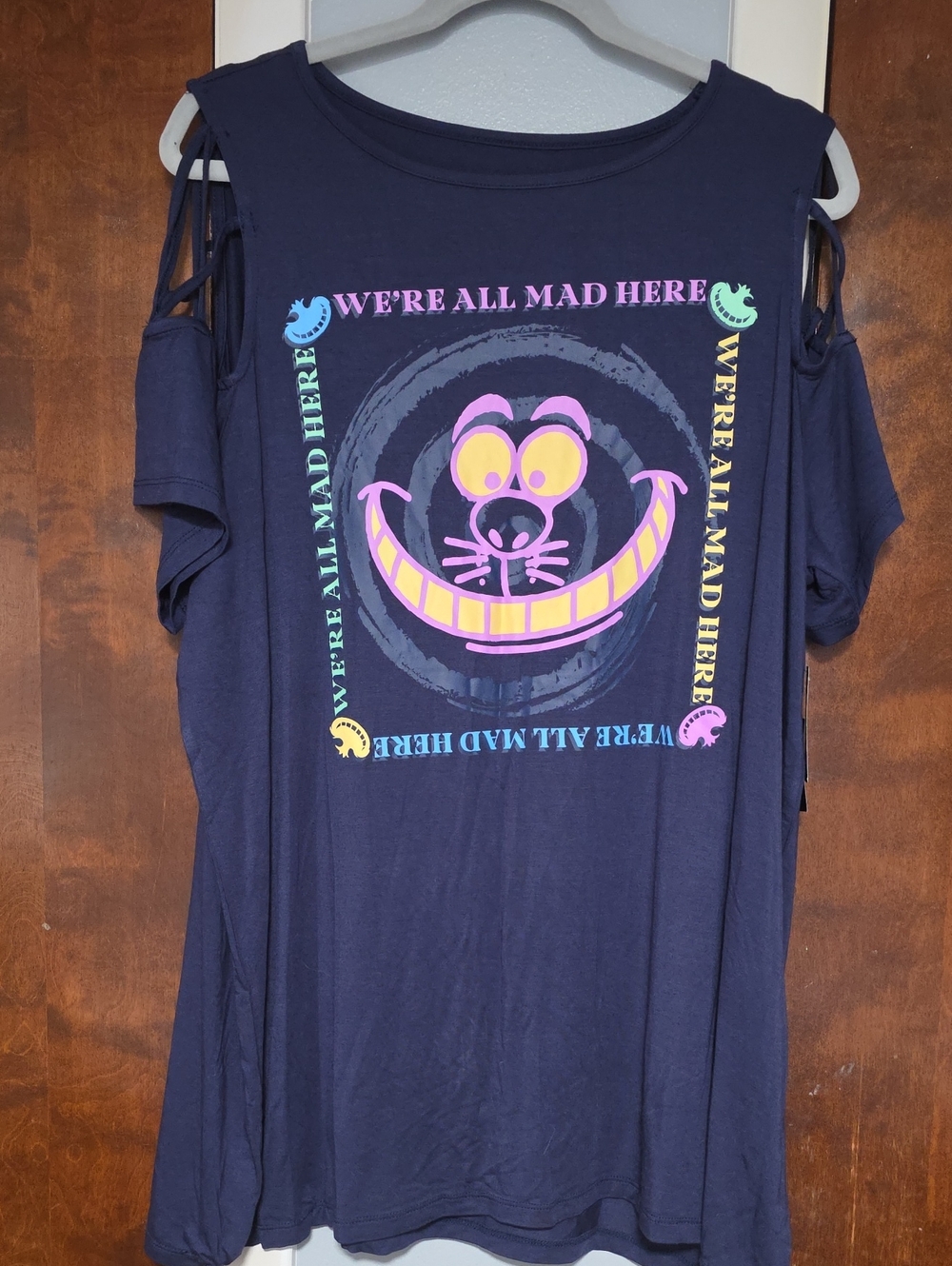NWT Torrid Navy Cheshire Cat Graphic Lattice-Shoulder Top-3x